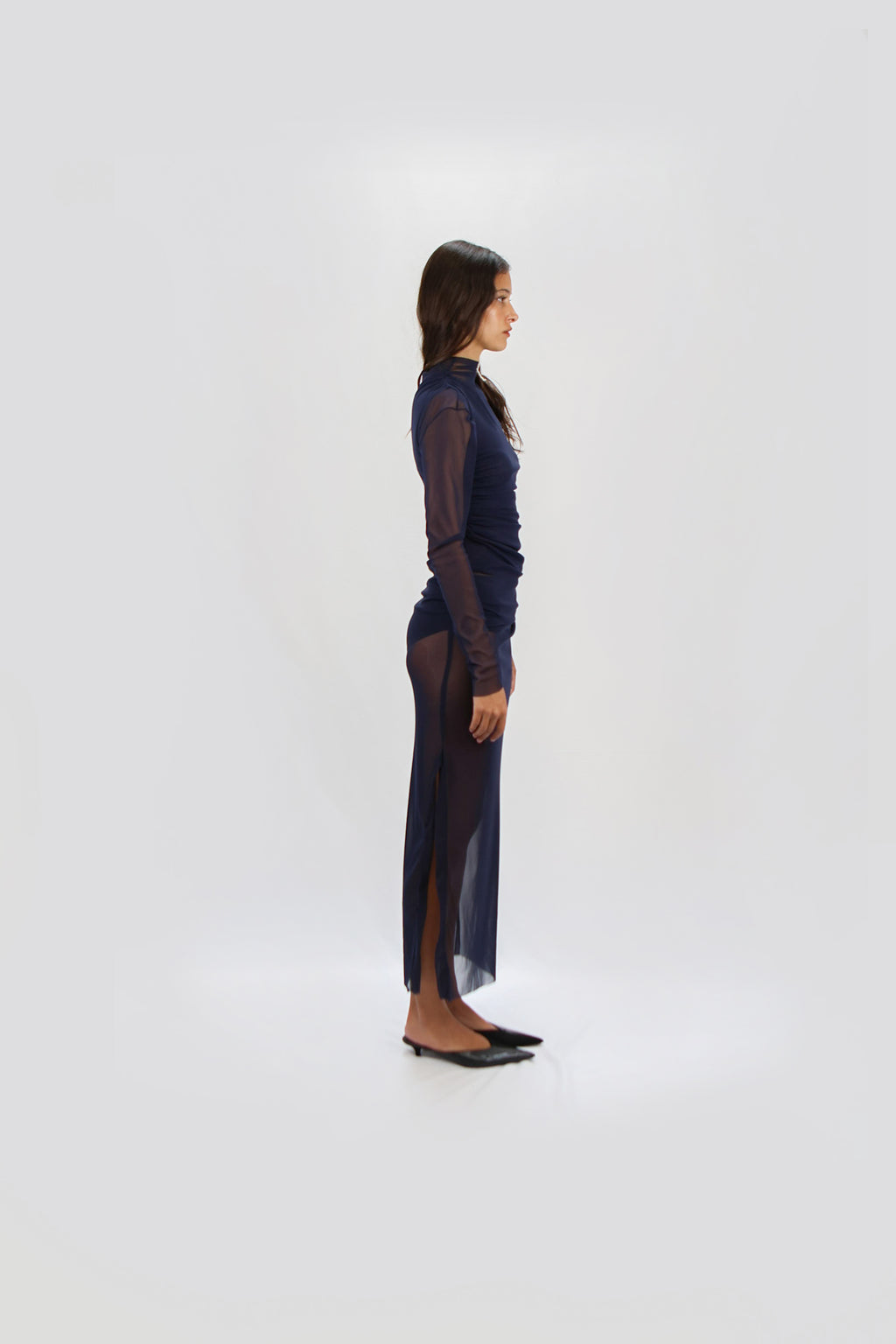 GATHERED MESH LONG SLEEVE TOP