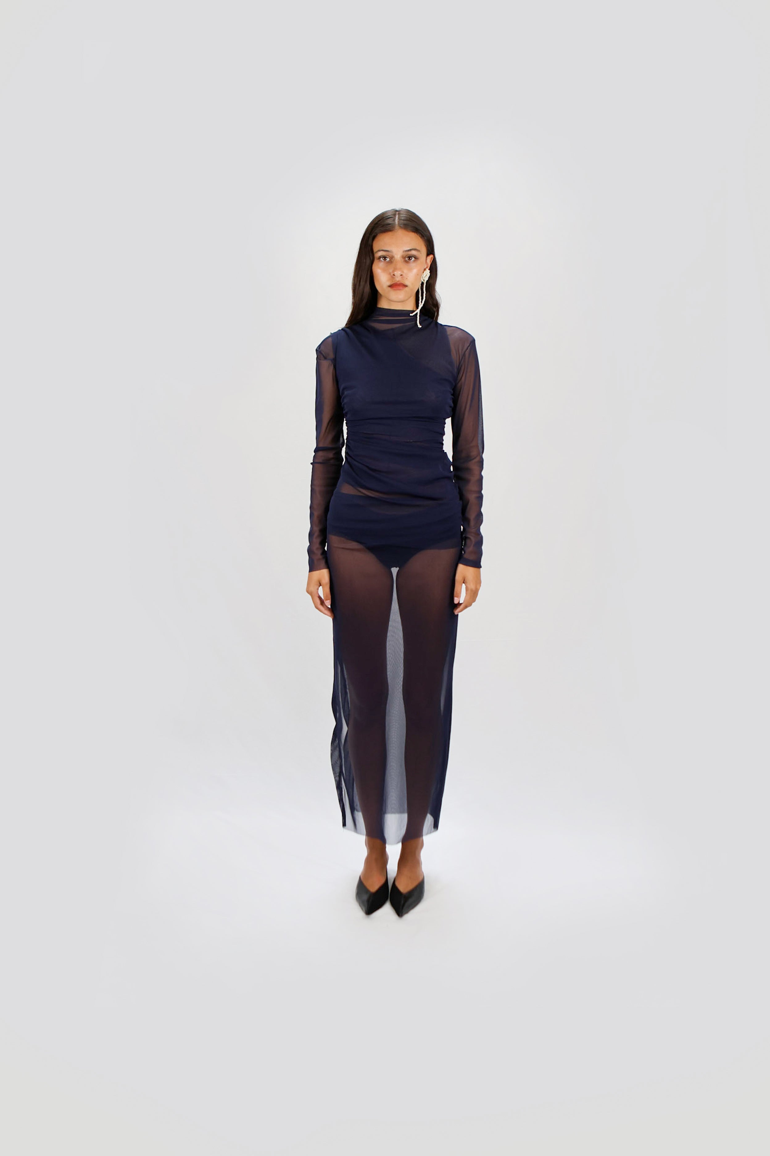 GATHERED MESH LONG SLEEVE TOP