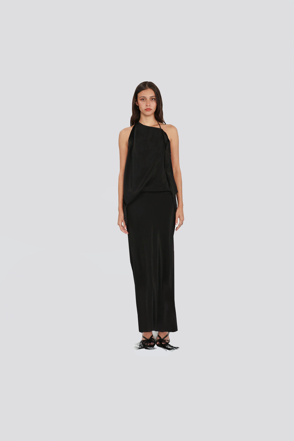 FRINGED HALTER MIDI DRESS