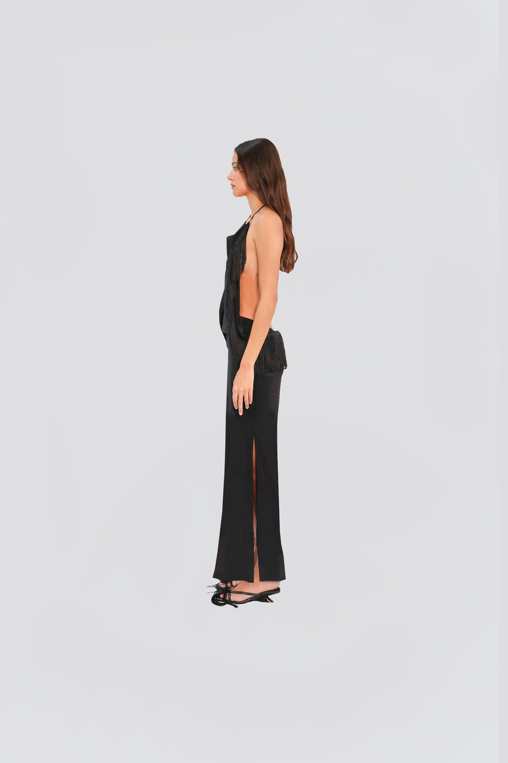 FRINGED HALTER MIDI DRESS