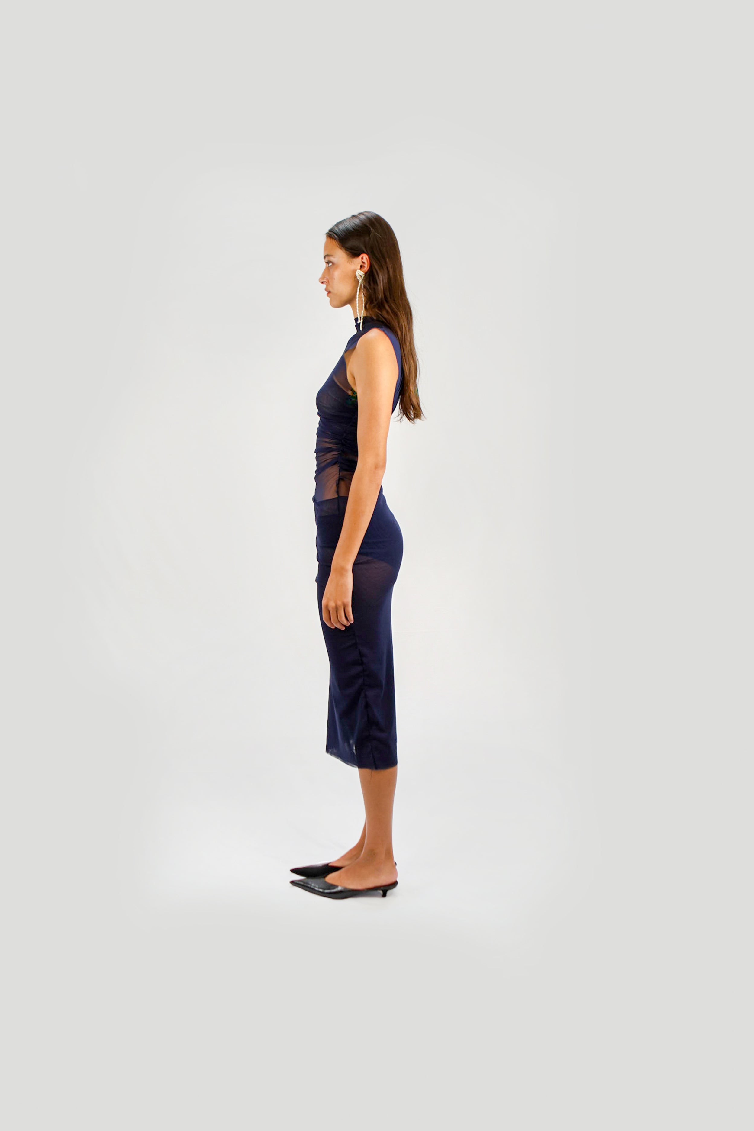 GATHERED MESH DRESS