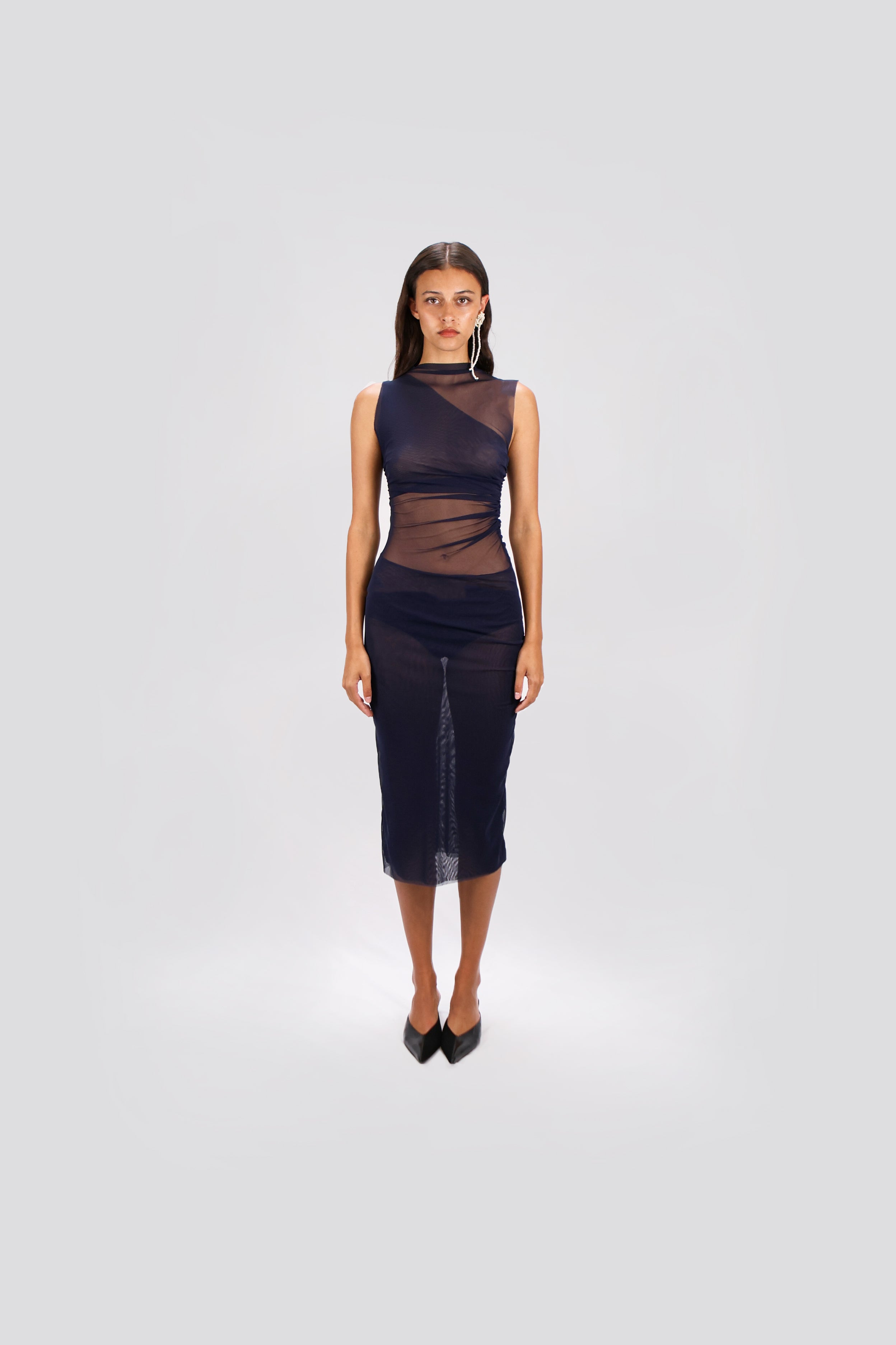 GATHERED MESH DRESS